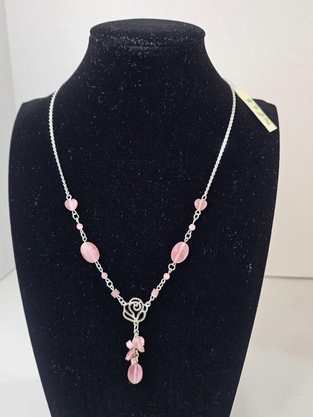 1928 Brand Silver Tone Necklace Rose Pendant Pink Beaded Adjustable Jewelry